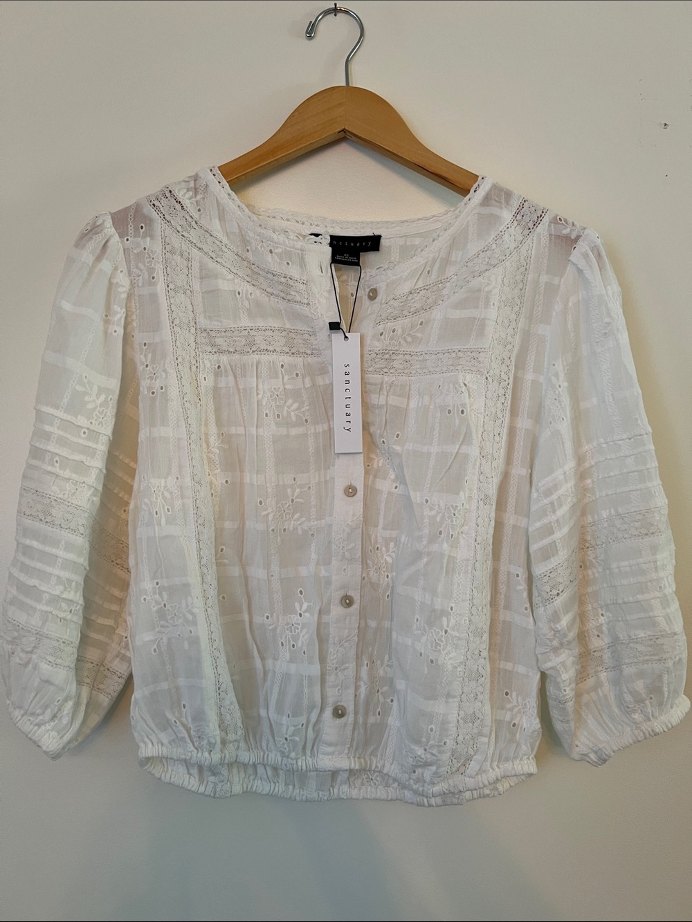 Sanctuary White Eyelet Lace Button-Up Peasant Blouse